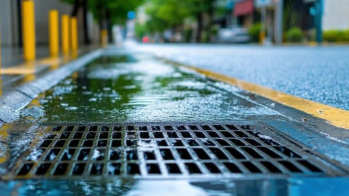 Rainwater flowing toward a street storm drain in a city after heavy rainfall