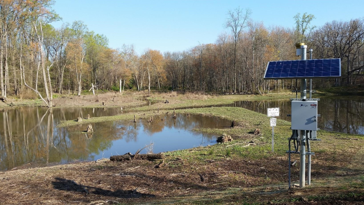 Solar-powered stormwater monitoring system beside a wetland used to improve flood control and water quality.