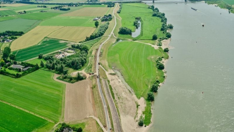 Aerial view of riverbank stormwater management and erosion control near farmland